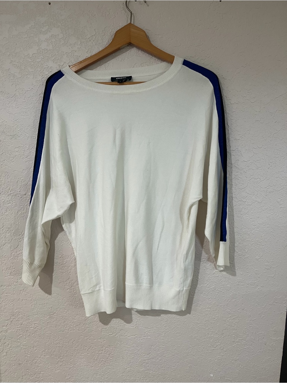 White Sweater with Blue and black Shoulder Stripe - Women